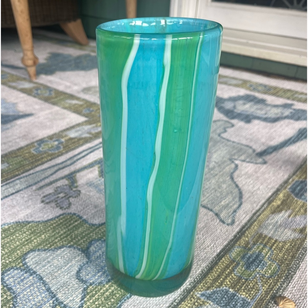 Stunning Aqua, Green and White Glass Vase. 11 1/5” x 4 1/4”.  Quite heavy!
